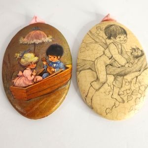 Lot 2 vintage 80s papier mache/decoupage handmade eggshell‎ camio portraits